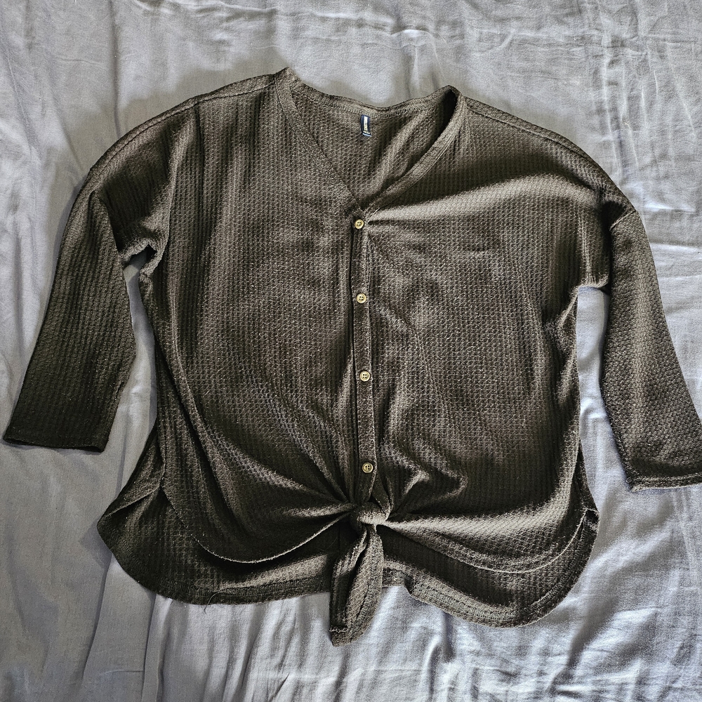 Black Button-Up Waffle Knit Top